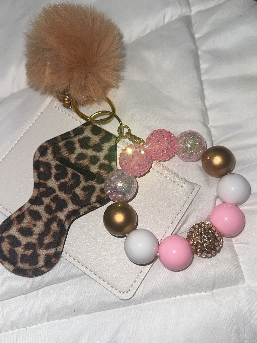 Kids Pink and White Beaded Keychain Wristlet with Pom Pom